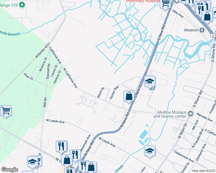 map of restaurants, bars, coffee shops, grocery stores, and more near 131 Marin Drive in Absecon