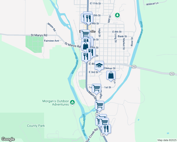 map of restaurants, bars, coffee shops, grocery stores, and more near 273 Main Street in Brookville
