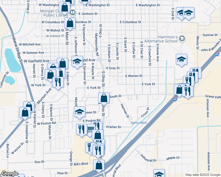 map of restaurants, bars, coffee shops, grocery stores, and more near 530 East South Street in Martinsville