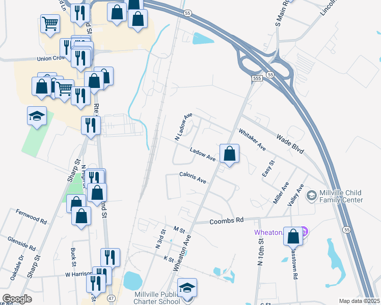 map of restaurants, bars, coffee shops, grocery stores, and more near 2 Ladow Avenue in Millville