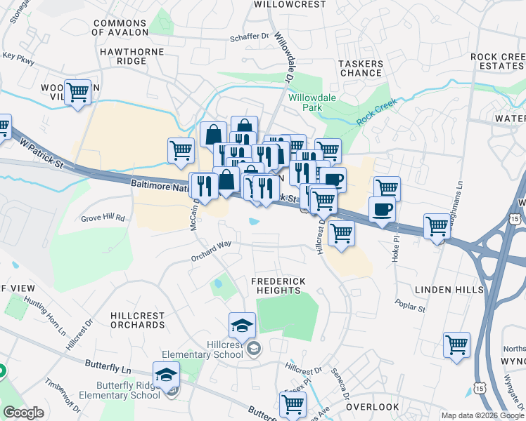 map of restaurants, bars, coffee shops, grocery stores, and more near 1294 Aynsley Court in Frederick