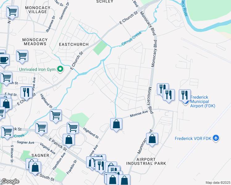 map of restaurants, bars, coffee shops, grocery stores, and more near 463 Hanson Street in Frederick
