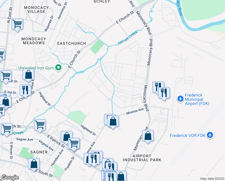 map of restaurants, bars, coffee shops, grocery stores, and more near 463 Hanson Street in Frederick