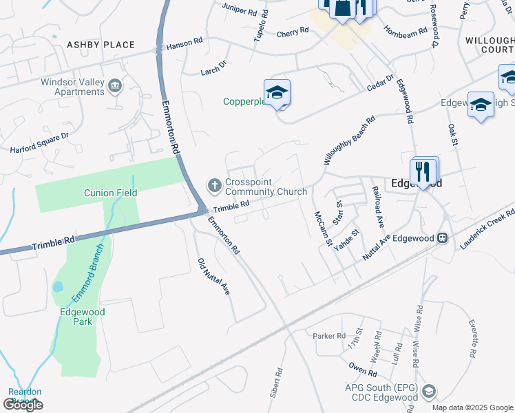 map of restaurants, bars, coffee shops, grocery stores, and more near 1857 Graymount Way in Edgewood