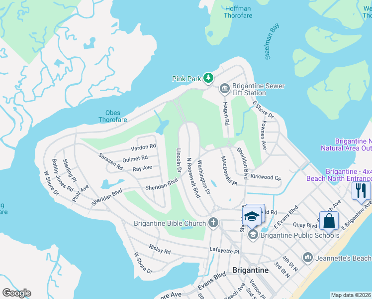 map of restaurants, bars, coffee shops, grocery stores, and more near 1003 Sheridan Boulevard in Brigantine