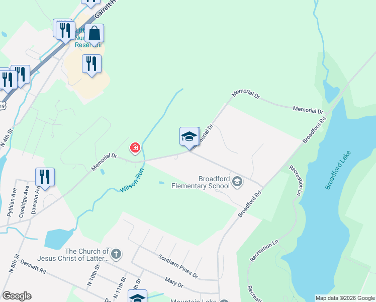 map of restaurants, bars, coffee shops, grocery stores, and more near 1499 Memorial Drive in Mountain Lake Park