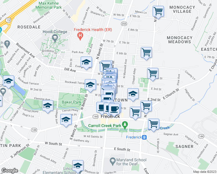 map of restaurants, bars, coffee shops, grocery stores, and more near 241 North Market Street in Frederick