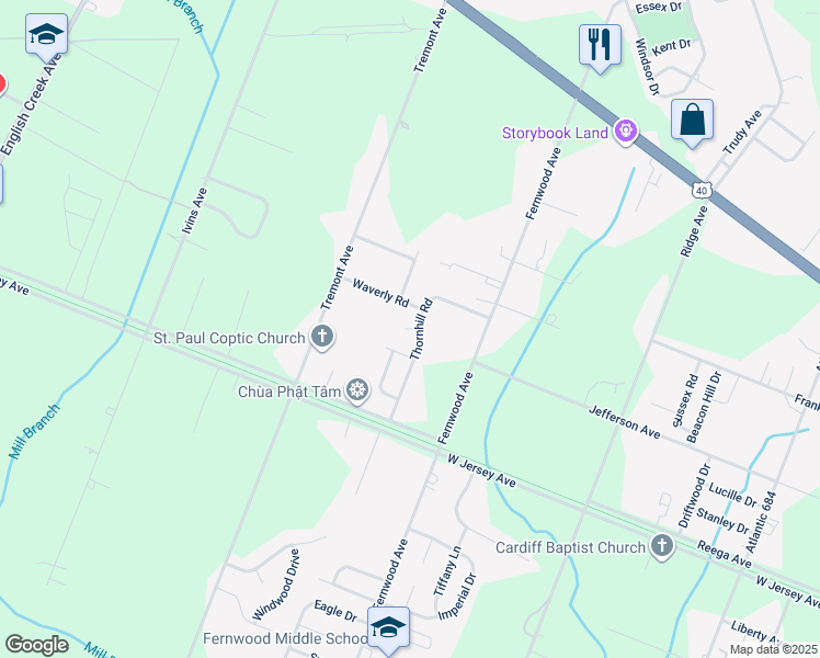 map of restaurants, bars, coffee shops, grocery stores, and more near 24 Thornhill Road in Egg Harbor Township