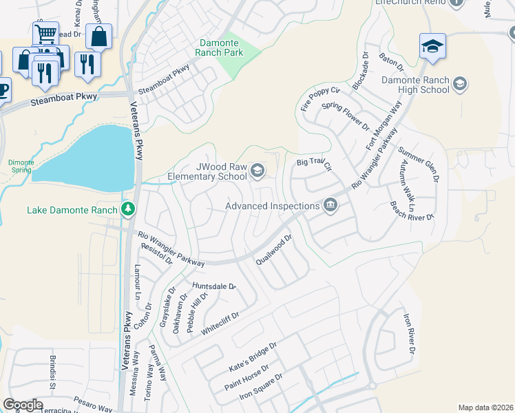 map of restaurants, bars, coffee shops, grocery stores, and more near 10650 Foxberry Park Drive in Reno