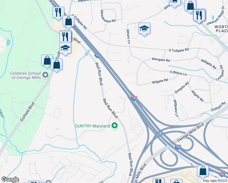 map of restaurants, bars, coffee shops, grocery stores, and more near 10800 Red Run Boulevard in Owings Mills