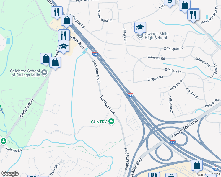 map of restaurants, bars, coffee shops, grocery stores, and more near 10800 Red Run Boulevard in Owings Mills