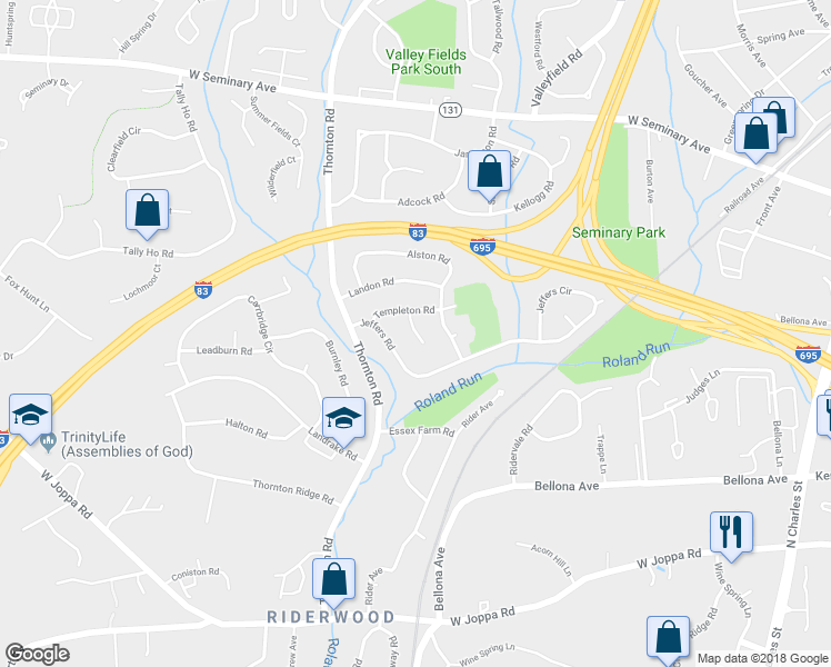 map of restaurants, bars, coffee shops, grocery stores, and more near 8207 Yarborough Road in Towson