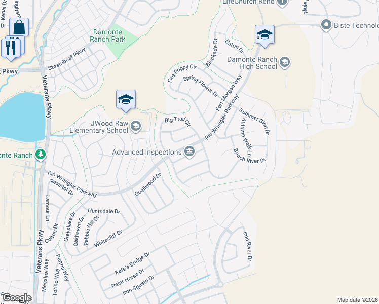 map of restaurants, bars, coffee shops, grocery stores, and more near 10873 Rushing Flume Drive in Reno