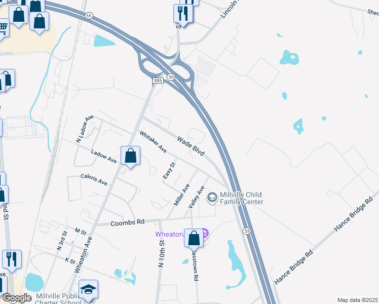 map of restaurants, bars, coffee shops, grocery stores, and more near 11 Whitaker Court in Millville