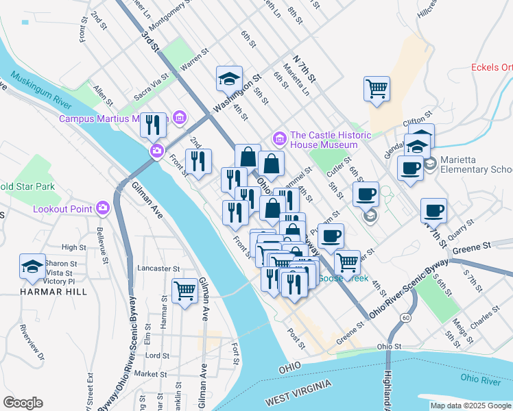map of restaurants, bars, coffee shops, grocery stores, and more near 205 Scammel Street in Marietta