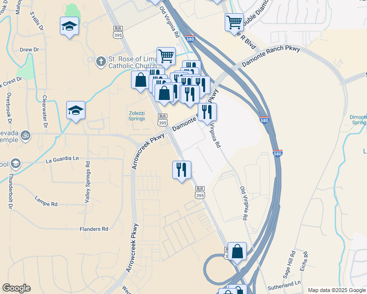 map of restaurants, bars, coffee shops, grocery stores, and more near 70 Damonte Ranch Parkway in Reno