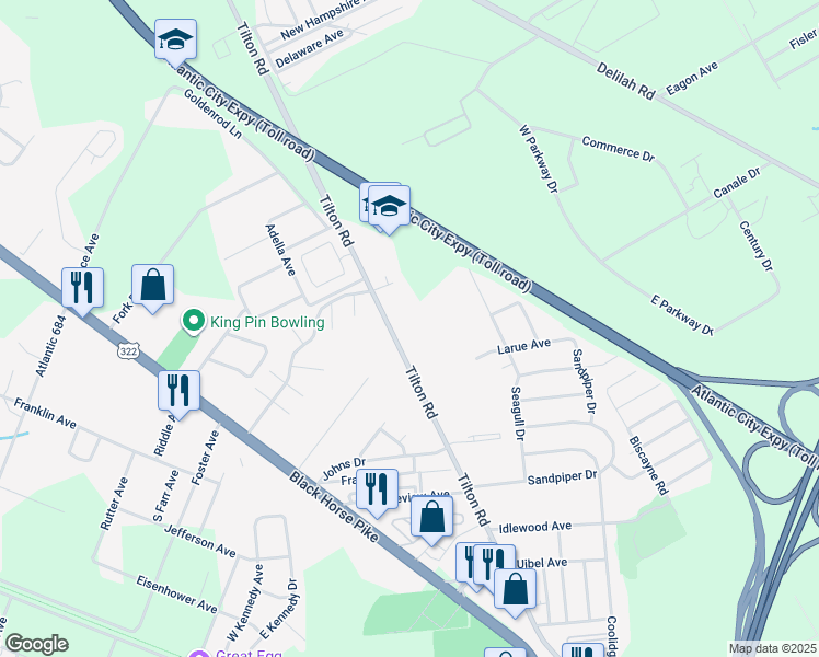 map of restaurants, bars, coffee shops, grocery stores, and more near 2580 Tilton Road in Egg Harbor Township