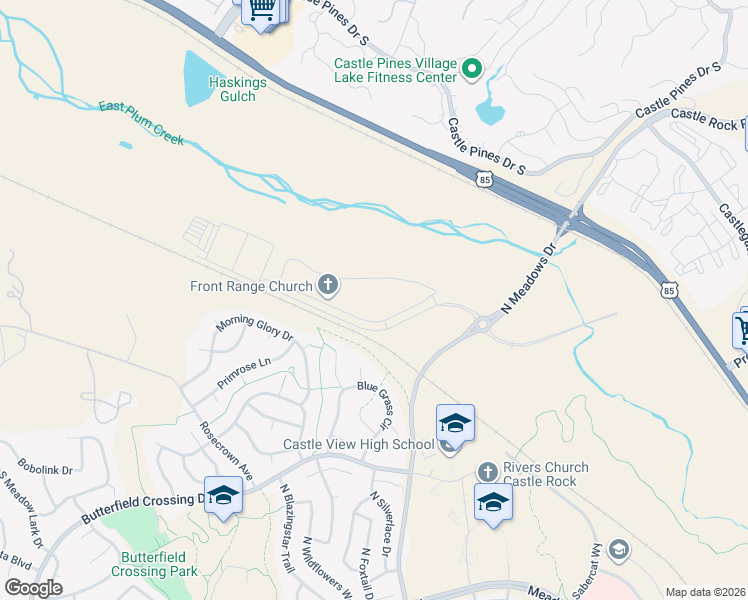 map of restaurants, bars, coffee shops, grocery stores, and more near 5214-5698 North Meadows Drive in Castle Rock