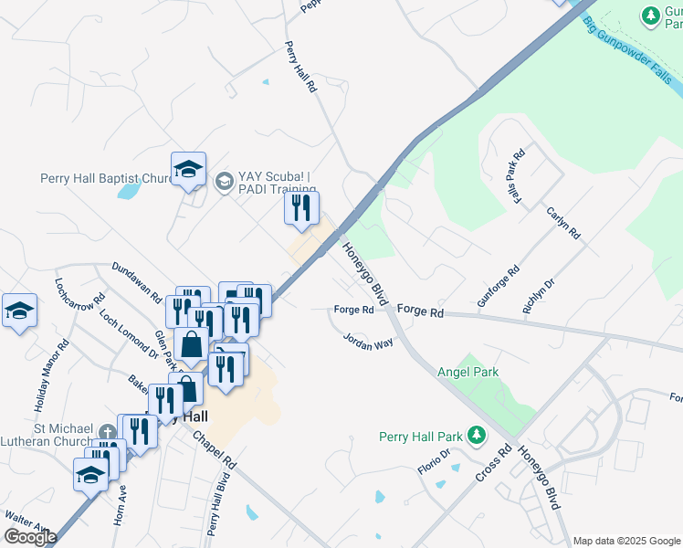 map of restaurants, bars, coffee shops, grocery stores, and more near 4211 Market Place in Perry Hall