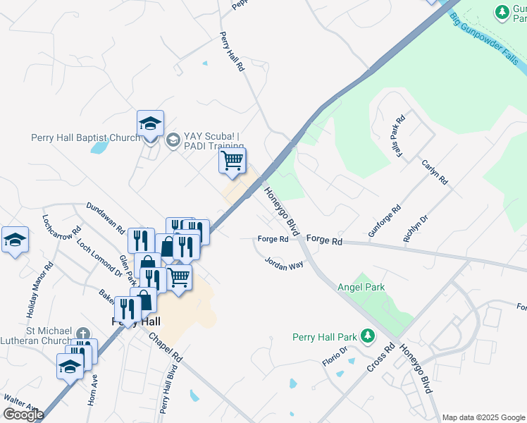 map of restaurants, bars, coffee shops, grocery stores, and more near 4211 Market Place in Perry Hall