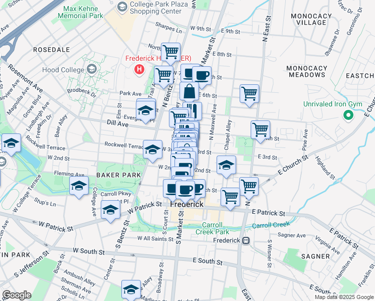 map of restaurants, bars, coffee shops, grocery stores, and more near North Market Street & East 3rd Street in Frederick