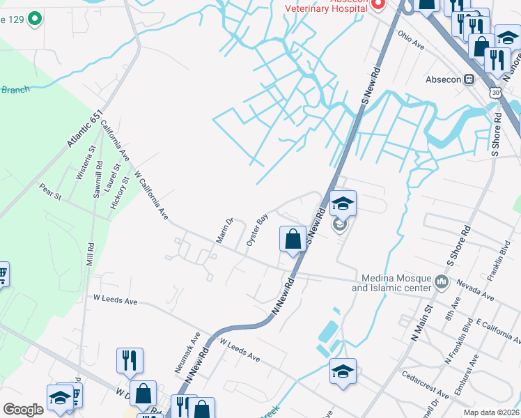 map of restaurants, bars, coffee shops, grocery stores, and more near 7 Oyster Bay in Absecon
