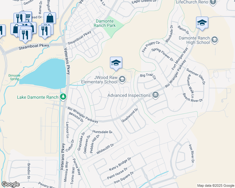 map of restaurants, bars, coffee shops, grocery stores, and more near 10628 Foxberry Park Drive in Reno