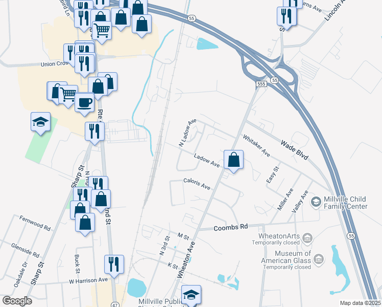 map of restaurants, bars, coffee shops, grocery stores, and more near 26 North Ladow Avenue in Millville