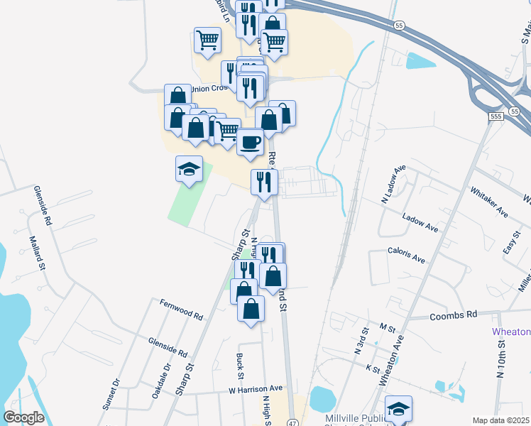 map of restaurants, bars, coffee shops, grocery stores, and more near 1913 North High Street in Millville