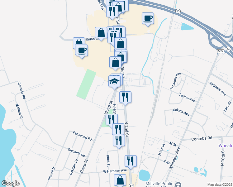 map of restaurants, bars, coffee shops, grocery stores, and more near 1910-1958 North High Street in Millville