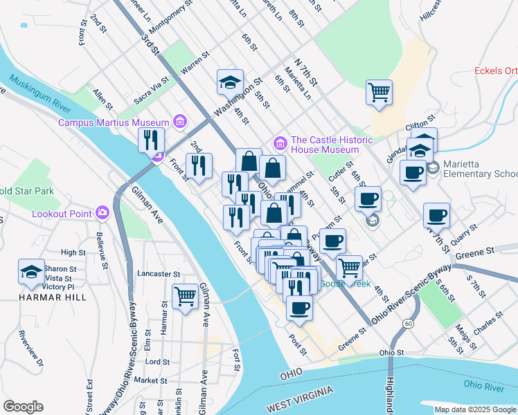 map of restaurants, bars, coffee shops, grocery stores, and more near 409 3rd Street in Marietta