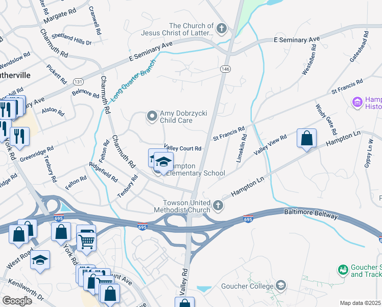 map of restaurants, bars, coffee shops, grocery stores, and more near 1219 Oakcroft Drive in Lutherville-Timonium