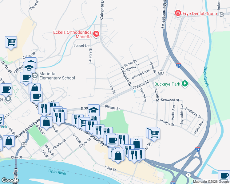 map of restaurants, bars, coffee shops, grocery stores, and more near 106 Vine Street in Marietta