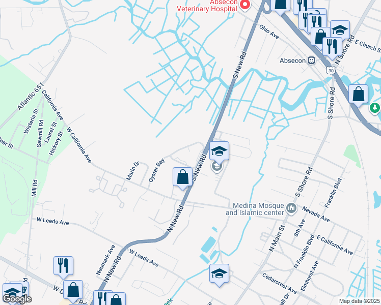 map of restaurants, bars, coffee shops, grocery stores, and more near 10 Oyster Bay in Absecon