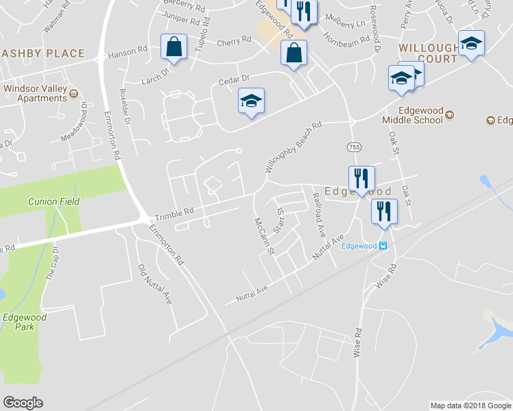 map of restaurants, bars, coffee shops, grocery stores, and more near 341 McCann Street in Edgewood