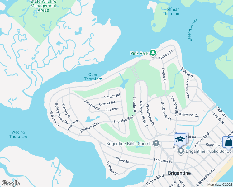 map of restaurants, bars, coffee shops, grocery stores, and more near 45 Vardon Road in Brigantine