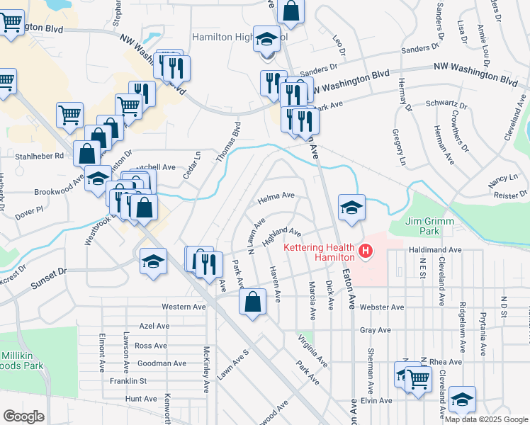 map of restaurants, bars, coffee shops, grocery stores, and more near 937 Lawn Avenue North in Hamilton