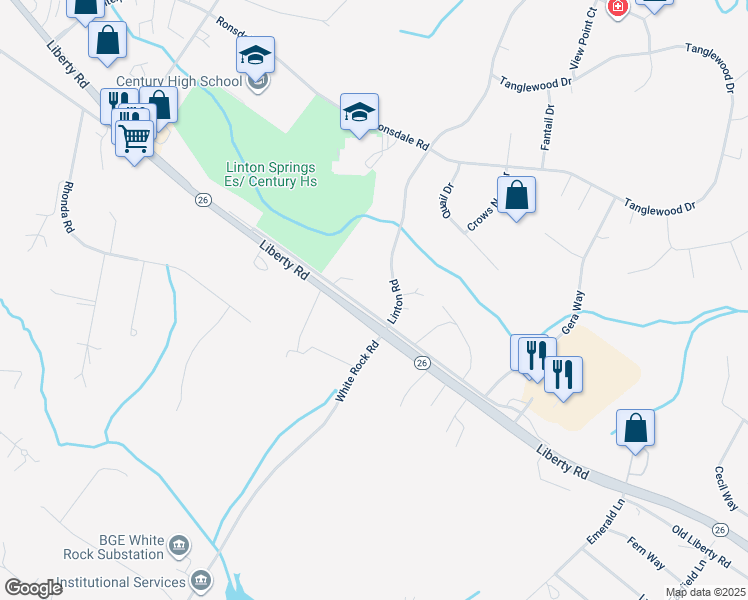 map of restaurants, bars, coffee shops, grocery stores, and more near 224 Old Liberty Road in Sykesville