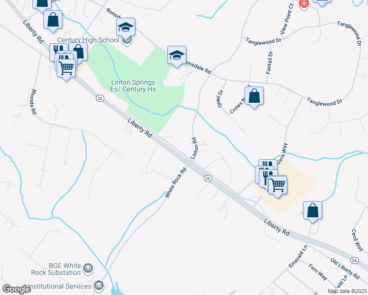 map of restaurants, bars, coffee shops, grocery stores, and more near 224 Old Liberty Road in Sykesville