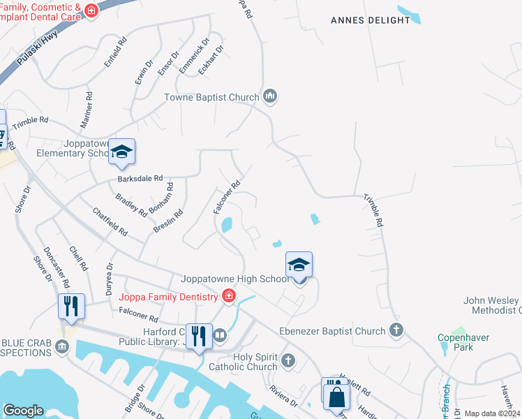 map of restaurants, bars, coffee shops, grocery stores, and more near 530 Sourghum Court in Harford County