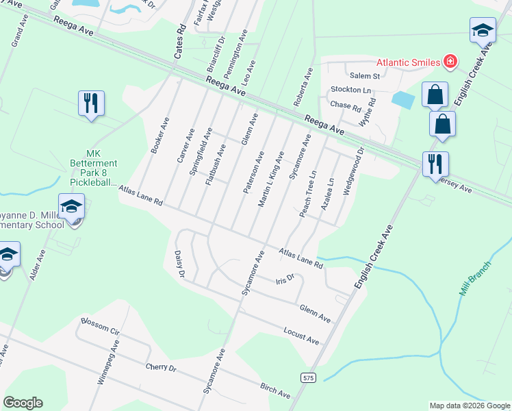 map of restaurants, bars, coffee shops, grocery stores, and more near 213 Martin L King Avenue in Egg Harbor Township