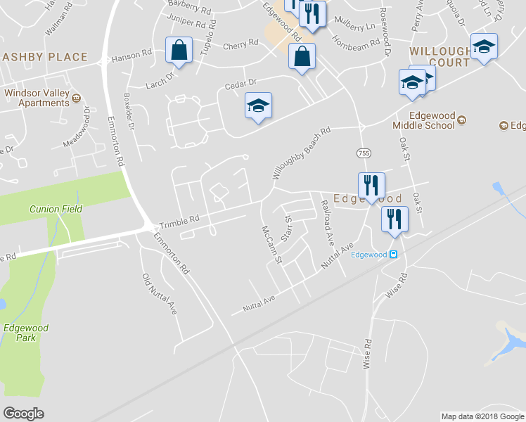 map of restaurants, bars, coffee shops, grocery stores, and more near 343 McCann Street in Edgewood