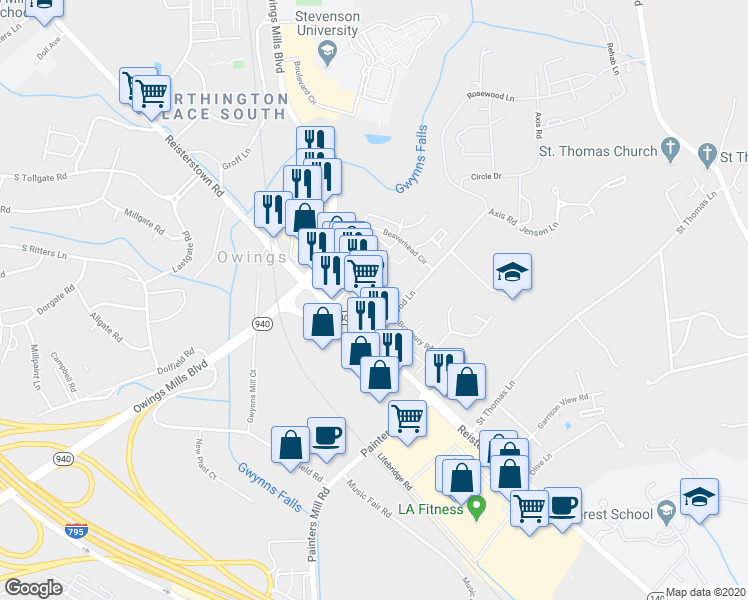 map of restaurants, bars, coffee shops, grocery stores, and more near 10335 Reisterstown Road in Owings Mills