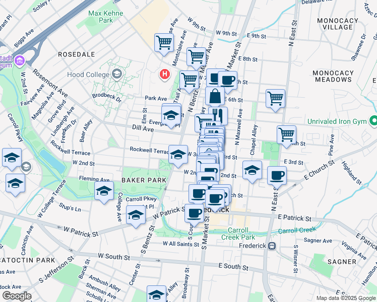 map of restaurants, bars, coffee shops, grocery stores, and more near 117 West 3rd Street in Frederick