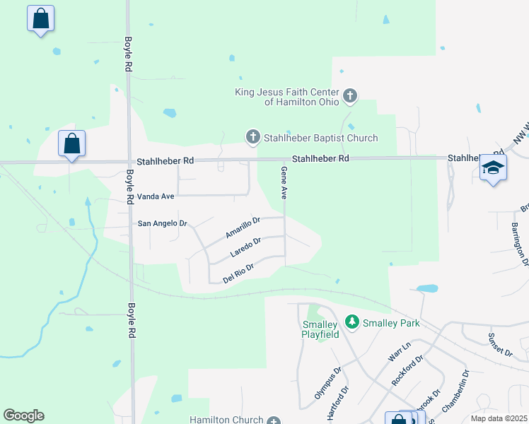 map of restaurants, bars, coffee shops, grocery stores, and more near 1720 Amarillo Drive in Hamilton