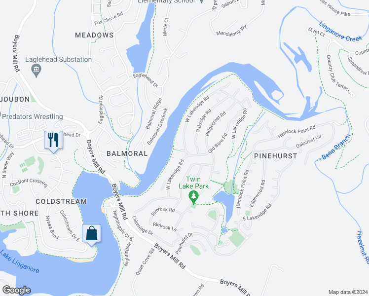 map of restaurants, bars, coffee shops, grocery stores, and more near 6702 West Lakeridge Road in New Market