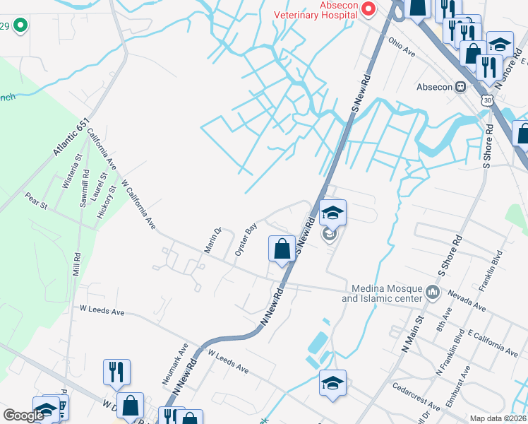 map of restaurants, bars, coffee shops, grocery stores, and more near 7 Oyster Bay in Absecon