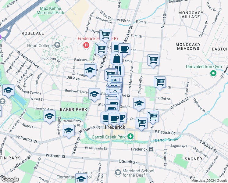 map of restaurants, bars, coffee shops, grocery stores, and more near 313 North Market Street in Frederick