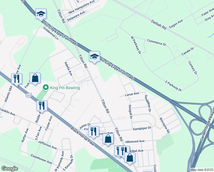 map of restaurants, bars, coffee shops, grocery stores, and more near 2580 Tilton Road in Egg Harbor Township