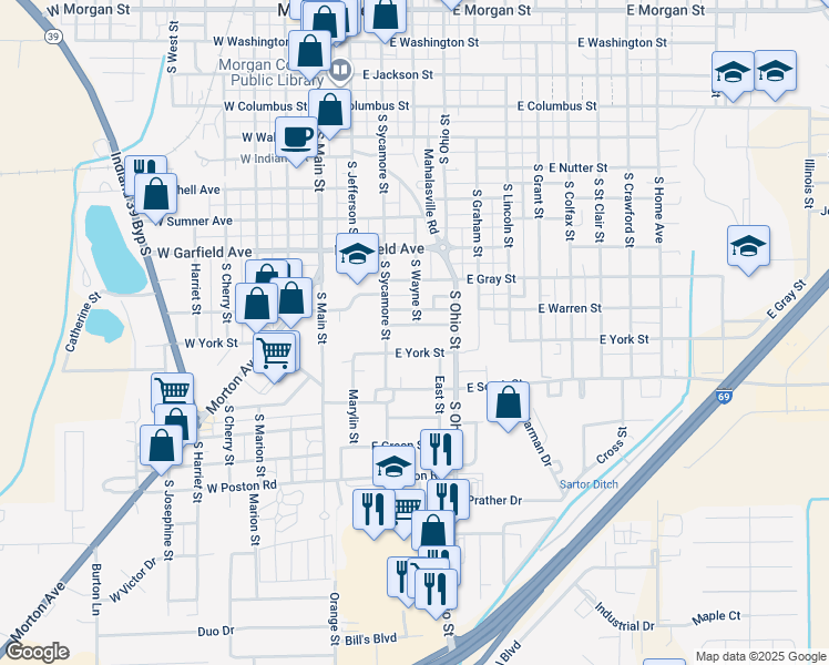 map of restaurants, bars, coffee shops, grocery stores, and more near 909 South Sycamore Street in Martinsville
